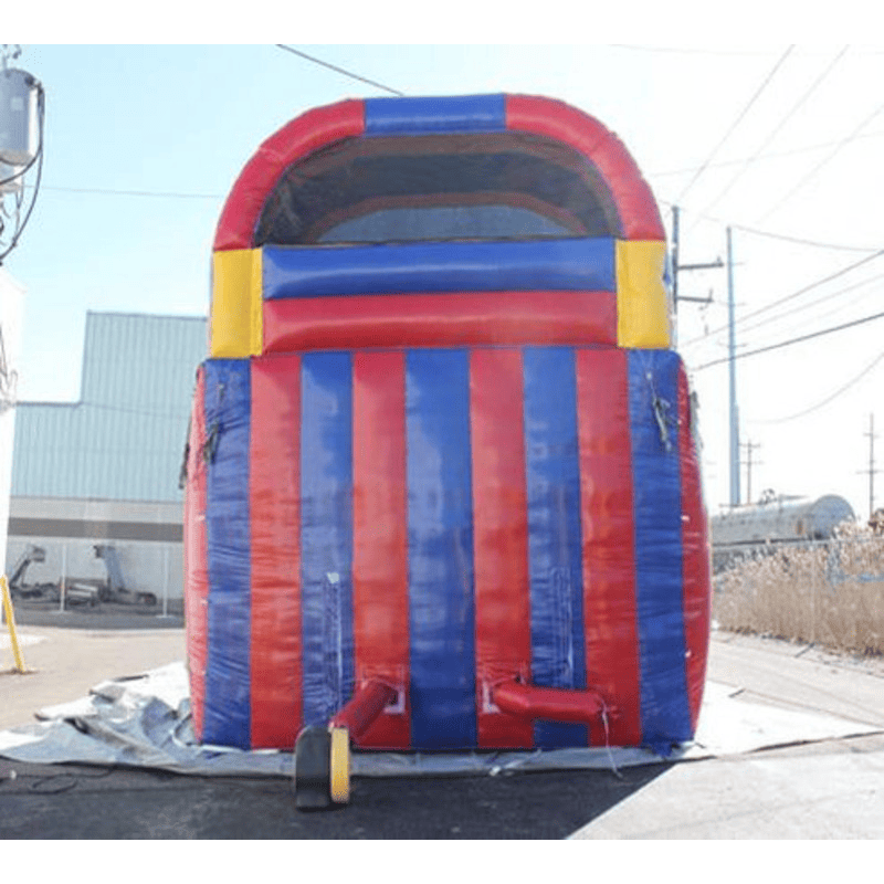 Moonwalk USA 18ft Dual Lane Primary Color Inflatable Water Slide Wet/Dry Rear View with Blower Attached