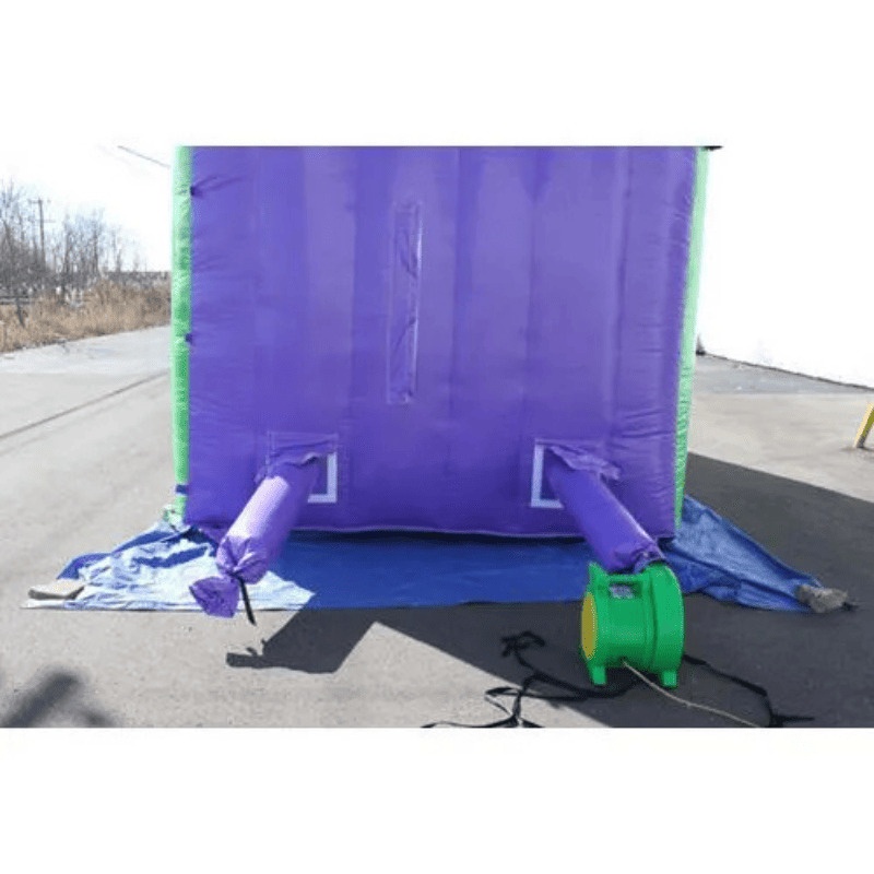 Moonwalk USA 18ft Green Double Dip Inflatable Water Slide Wet/Dry Rear View with Blower Attached