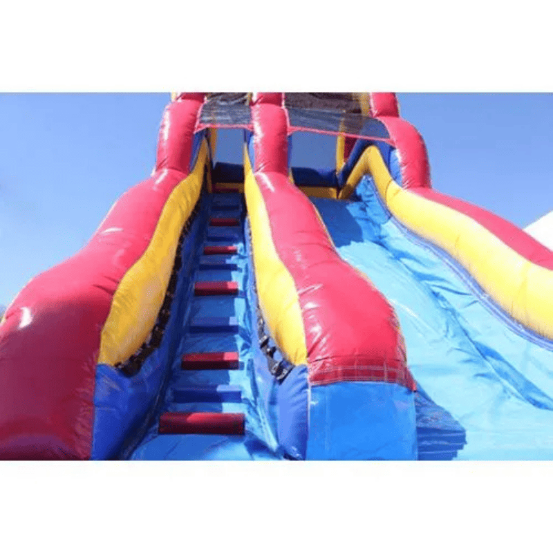 Moonwalk USA 18ft Red Double Dip Inflatable Water Slide Wet/Dry Front View with Ladder and Construction Details