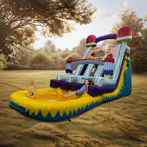 Moonwalk USA 19ft Dual Lane Ice Cream Water Slide with Removable Pool Outside View with Kids Playing
