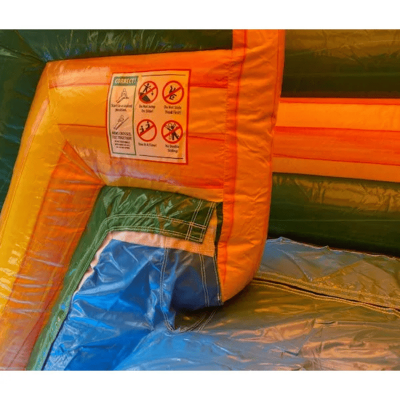 Moonwalk USA 19ft Fiesta Rapid Inflatable Water Slide Wet/Dry Top of Slide Safety Sign and Commercial Detail
