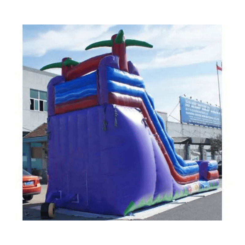 Moonwalk USA 19ft Purple Inflatable Water Slide Wet/Dry Rear Right View with Blower Attached