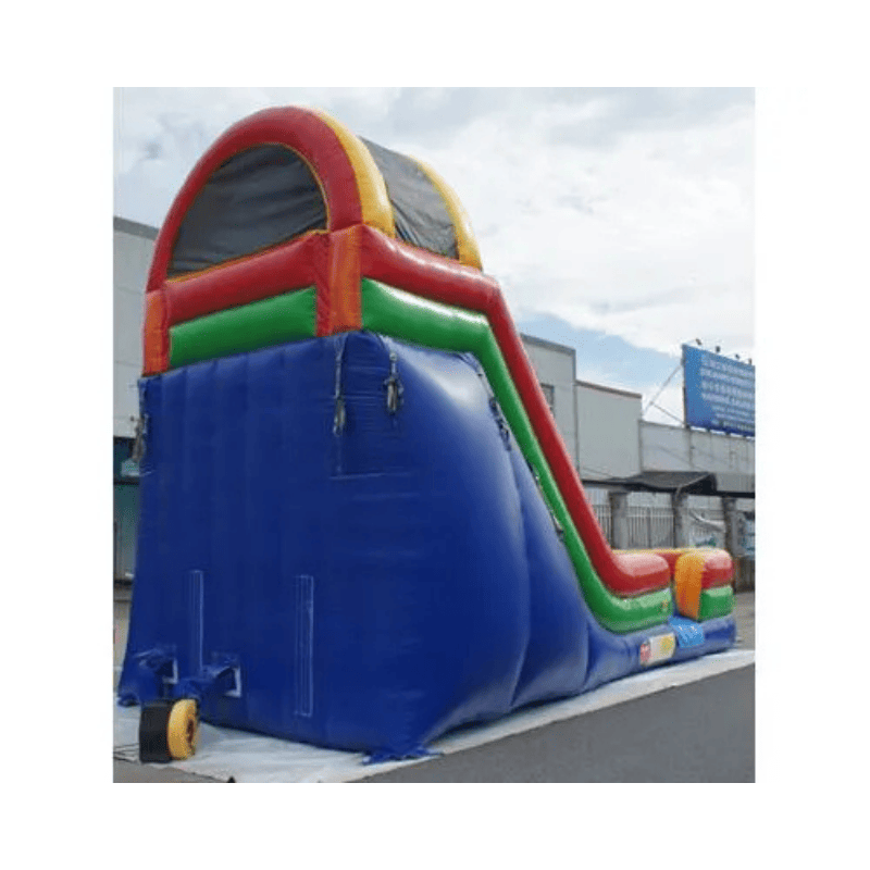 Moonwalk USA 19ft Rainbow Inflatable Water Slide Wet/Dry Rear Right View with Blower Attached