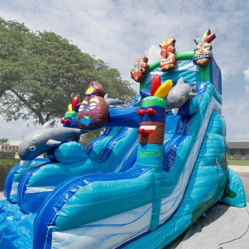 Moonwalk USA 19ft Tiki Inflatable Water Slide Wet/Dry side viewof tiki designs