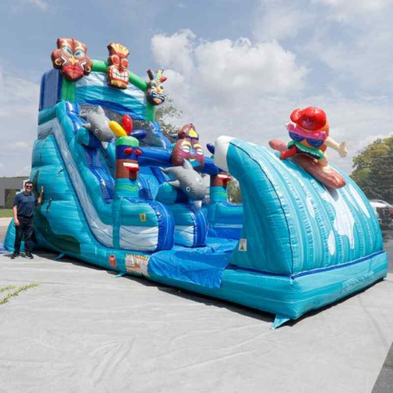 Moonwalk USA 19ft Tiki Inflatable Water Slide Wet/Dry Front Right View Outside on Tarp