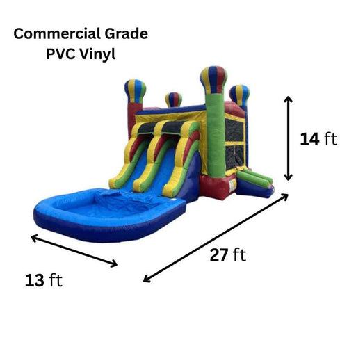 2-lane balloon combo bounce house 27x13x14 commercial grade 15oz vinyl wet dry dual slide detachable splash pool dimensions capacity