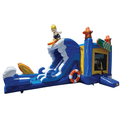 Beach bounce house dual slides wet dry combo showing commercial vinyl construction and reinforced seams