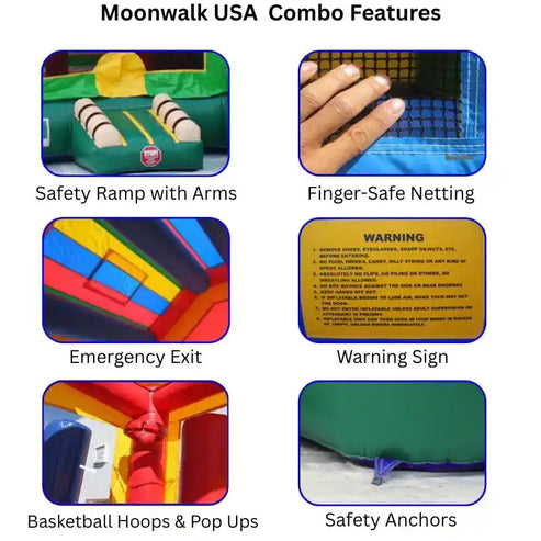 Beach combo bounce house safety features: ramp with arms, finger-safe netting, emergency exit, warning sign, basketball hoops pop-ups, safety anchors