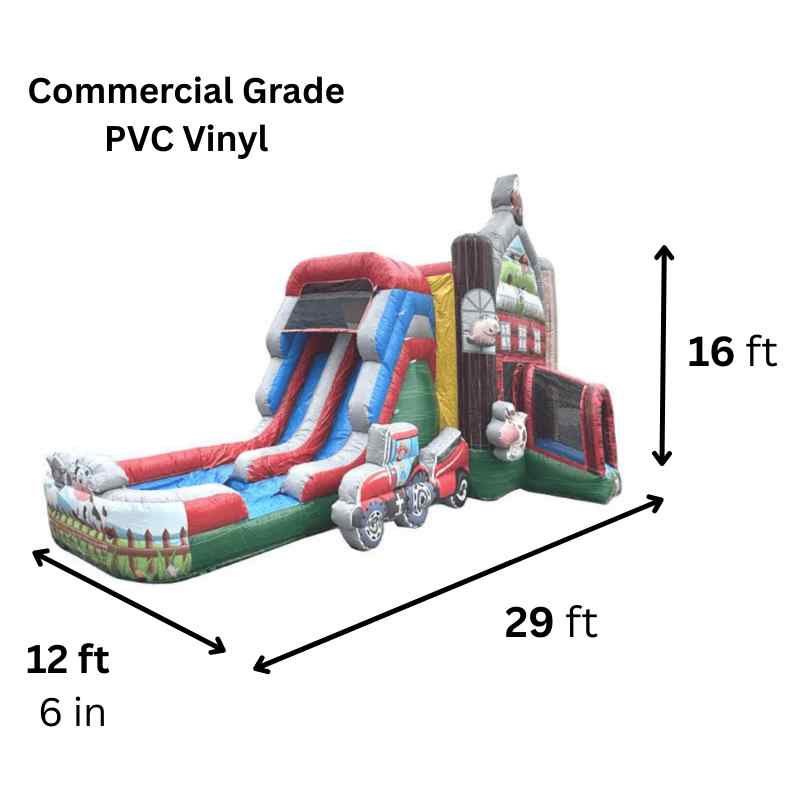 Moonwalk USA 2-Lane Farm Combo Bounce House Wet/Dry Dimensions and Commercial Grade Material Specs