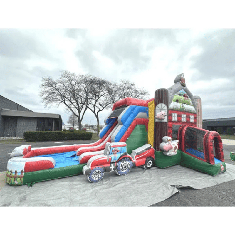 Moonwalk USA 2-Lane Farm Combo Bounce House Wet/Dry Front Right View Outside on Tarp