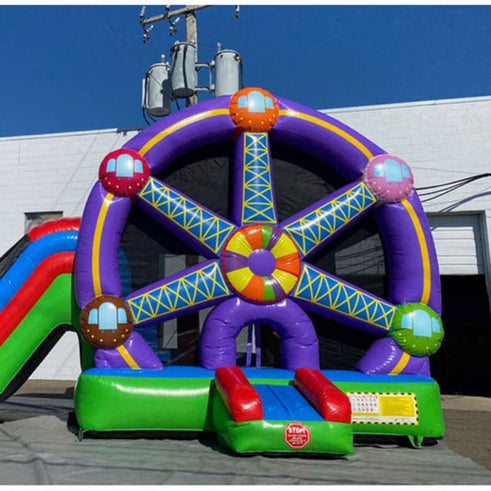 Ferris wheel bounce house dual slides wet dry combo showing commercial vinyl construction and reinforced seams