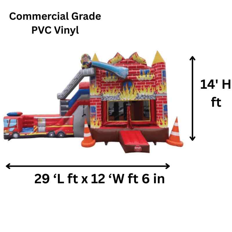 Moonwalk USA 2-Lane Firetruck Combo Bounce House Dimensions and Commercial Grade Vinyl Specs