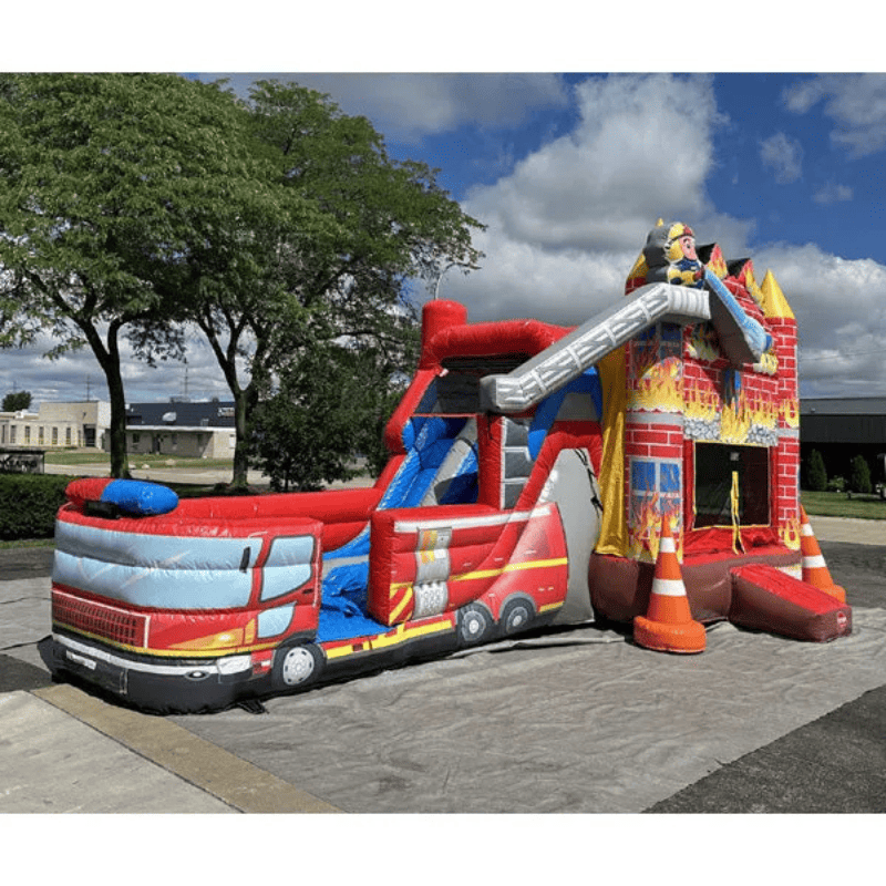 Moonwalk USA 2-Lane Firetruck Combo Bounce House Front Right View Outside with Tarp Under