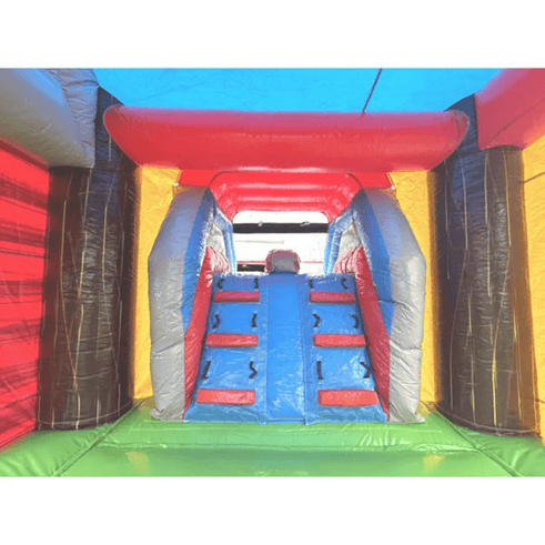 Fire truck bounce house dual slides wet dry combo showing commercial vinyl construction and reinforced seams