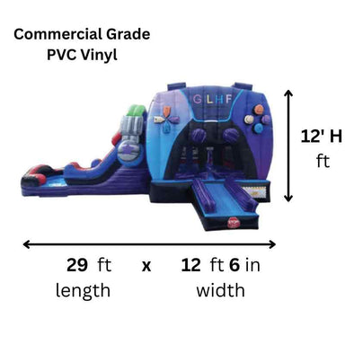 Moonwalk USA 2-Lane Gamer Combo Bounce House Wet/Dry Dimensions and Commercial Grade Vinyl Specs