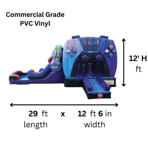 2-lane gamer combo bounce house 29x12.6x12 commercial grade 15oz vinyl video game theme wet dry combo