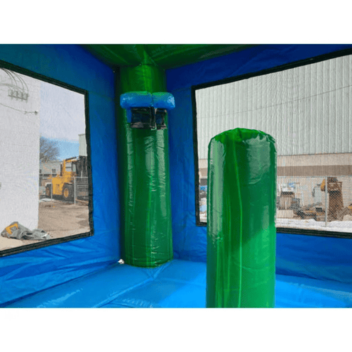 2-lane green castle combo bounce house inside view of pop ups and basketball hoop