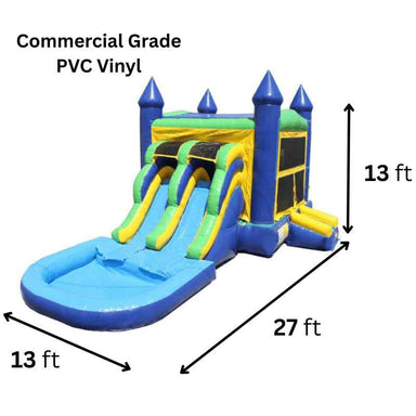 Moonwalk USA 2-Lane Green and Blue Combo Bounce House Dimensions and Commercial Grade Vinyl Specifications