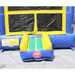 Moonwalk USA 2-Lane Green and Blue Combo Bounce House Entrance View with Safety Ramps and Safety Warning Signage