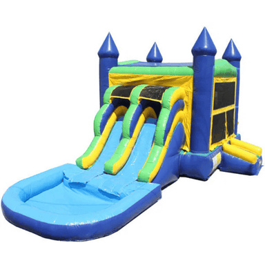 Moonwalk USA 2-Lane Green and Blue Combo Bounce House Front Right View