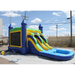 Moonwalk USA 2-Lane Green and Blue Combo Bounce House Inflated View Outside with Blower Attached and Tarp Under