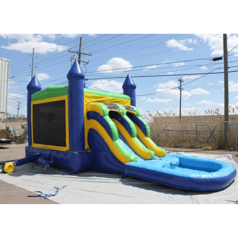 Moonwalk USA 2-Lane Green and Blue Combo Bounce House Inflated View Outside with Blower Attached and Tarp Under