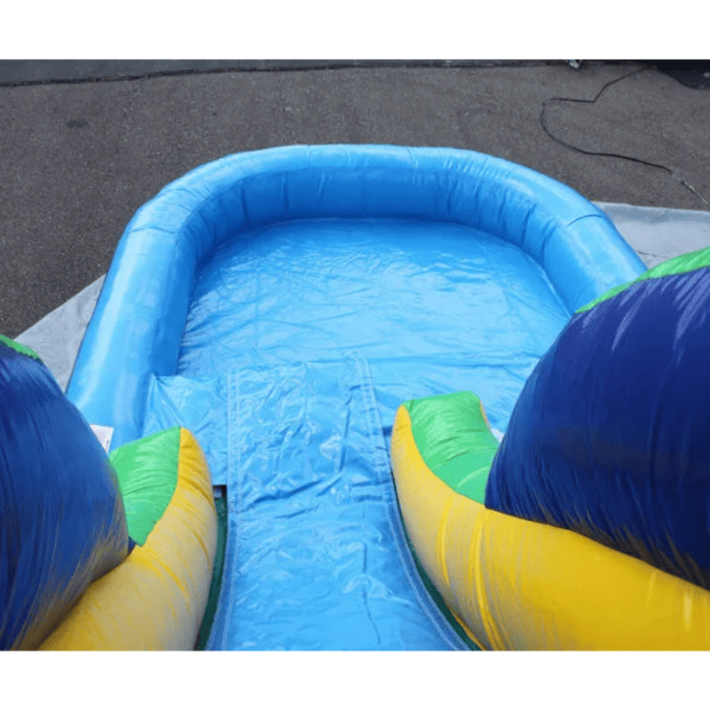 Moonwalk USA 2-Lane Green and Blue Combo Bounce House Slide to Pool View