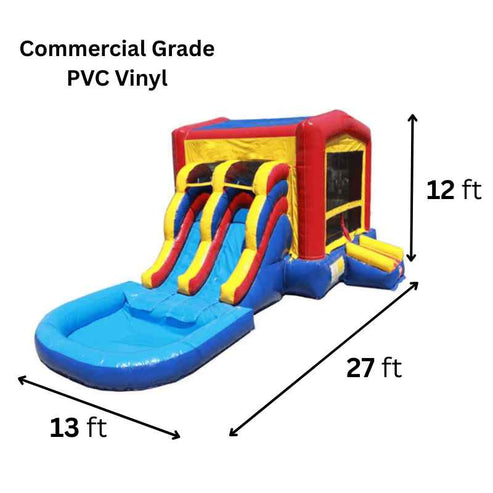 2-lane module combo bounce house 27x13x12 commercial grade 15oz vinyl wet dry dual slide splash pool 9 anchors dimensions