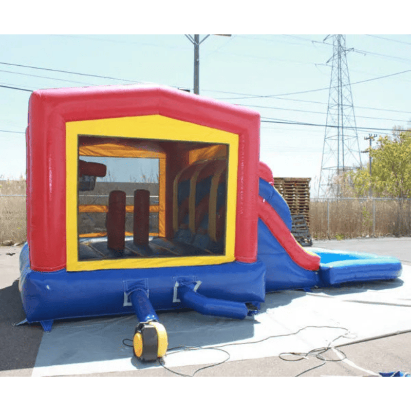 Moonwalk USA 2-Lane Module Combo Bounce House Rear View with Blower Attached and Tarp Under