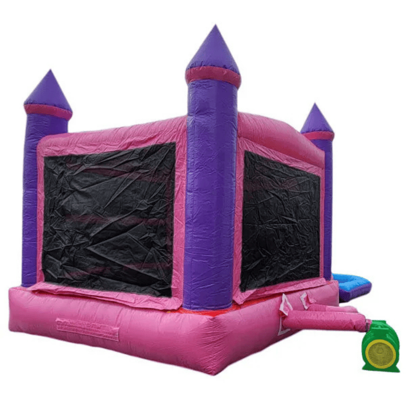 Moonwalk USA 2-Lane Pink Castle Combo Bounce House Rear View with Blower Attached