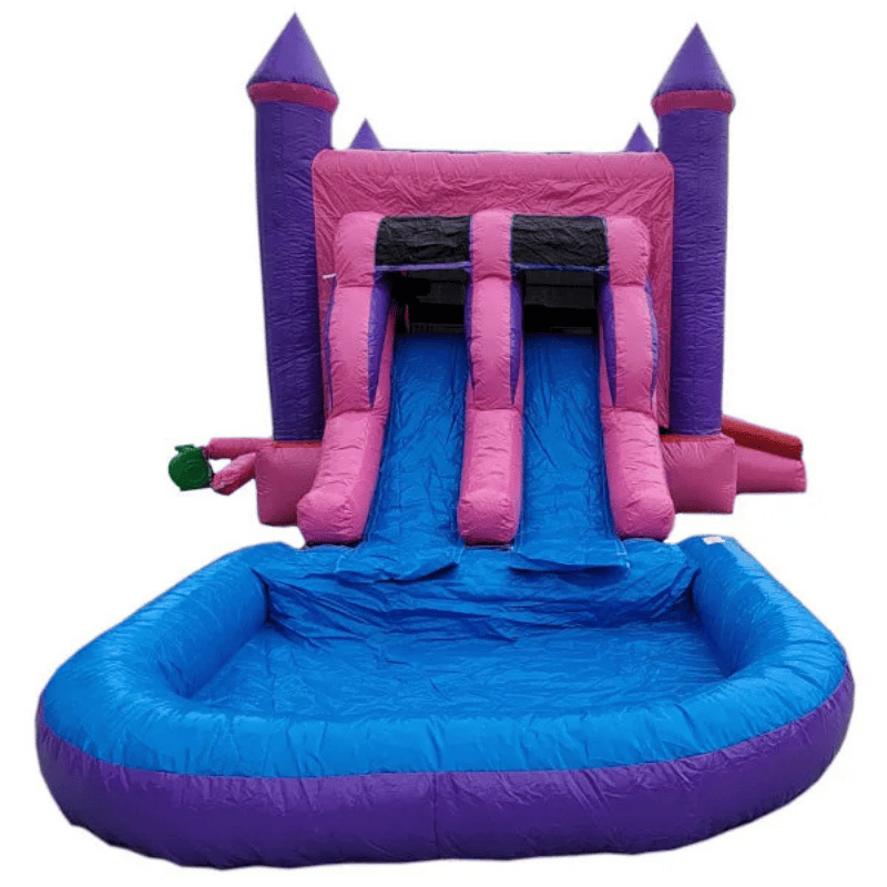 Moonwalk USA 2-Lane Pink Castle Combo Bounce House Slide Side View of Detachable Pool