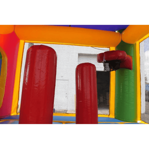 2-lane rainbow castle combo interior view basketball hoop pop-up obstacles
