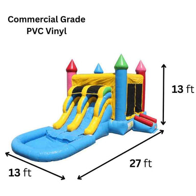 Moonwalk USA 2-Lane Rainbow Castle Combo Bounce House Dimensions and Commercial Grade Vinyl Specifications