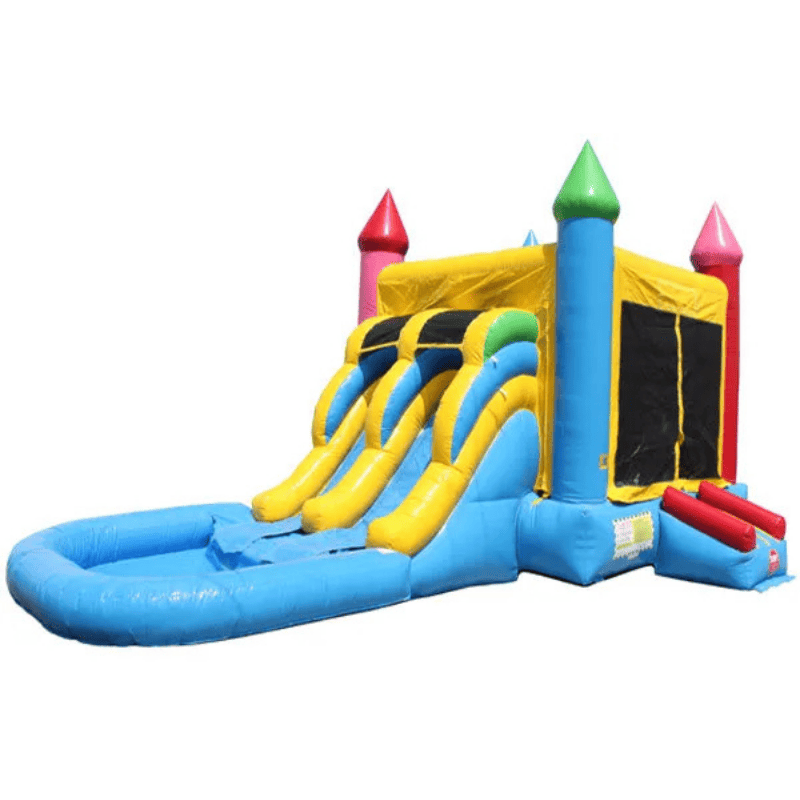 Moonwalk USA 2-Lane Rainbow Castle Combo Bounce House Front Right View of Rainbow Design and Detachable Pool