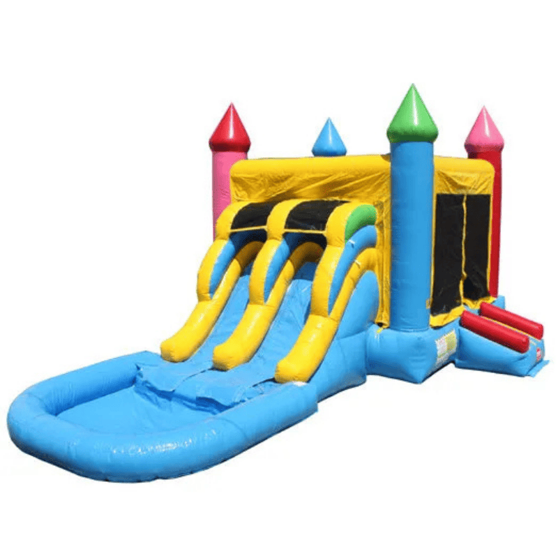 Moonwalk USA 2-Lane Rainbow Castle Combo Bounce House Front Right View with Pool