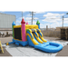Moonwalk USA 2-Lane Rainbow Castle Combo Bounce House Outside Inflated View with Tarp Under Unit and Blower Attached