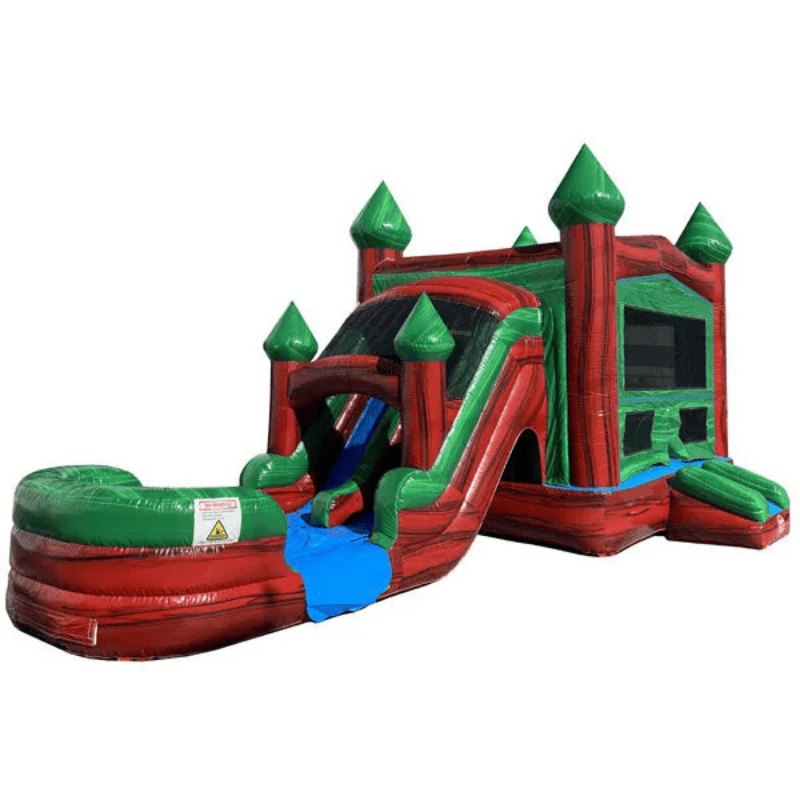 Moonwalk USA 2-Lane Red Ruby Castle Wet/Dry Combo Bounce House Front Right View of Slide