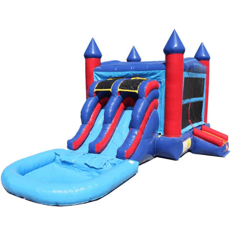 Moonwalk USA 2-Lane Red and Blue Combo Bounce House Front Right View of Dual Slide and Pool View