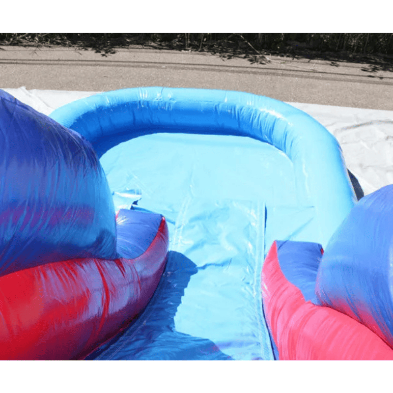 Moonwalk USA 2-Lane Red and Blue Combo Bounce House Pool View from Top of Slide