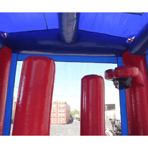 2-lane red blue combo bounce house interior basketball hoop pop-ups bounce area