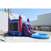 Moonwalk USA 2-Lane Red and Blue Combo Bounce House Rear View with Blower Attached and Tarp Under