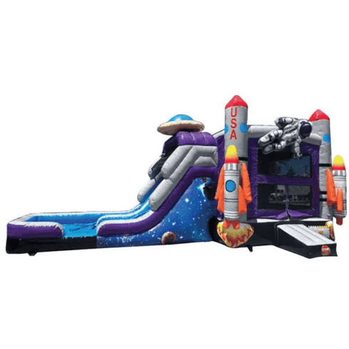 Rocket bounce house twin slides wet dry combo showing commercial vinyl construction and reinforced seams