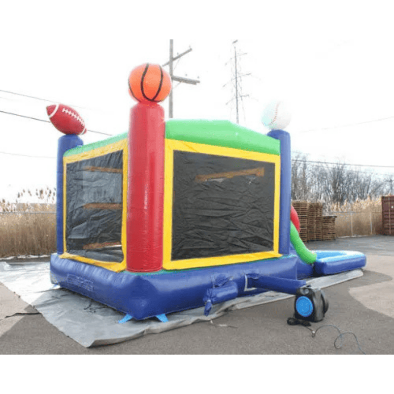 Moonwalk USA 2-Lane Sports Combo Bounce House Rear Left View with Blower Attached