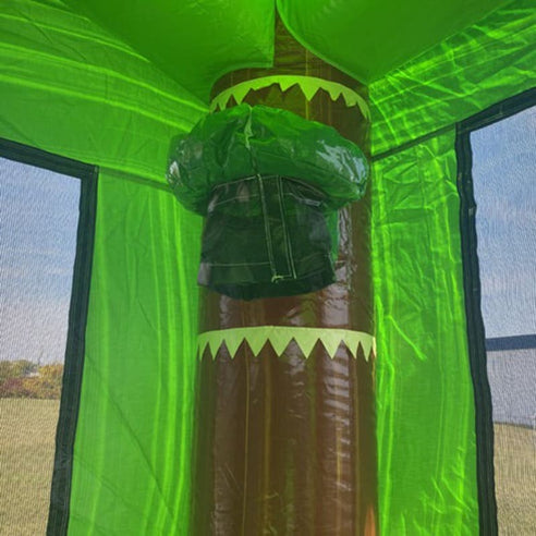 2-lane t-rex combo bounce house inside view of pop ups and basketball hoop