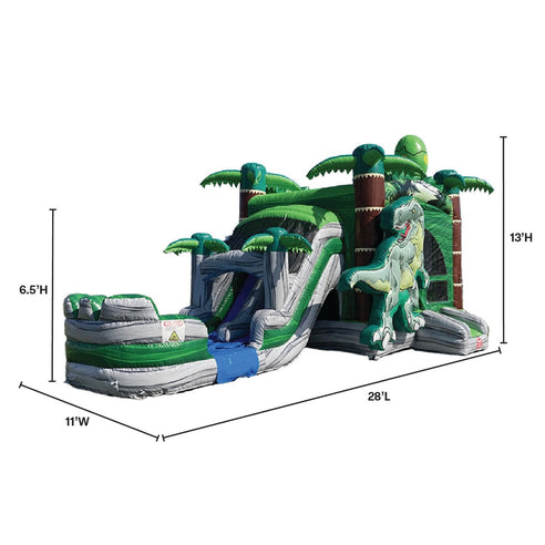 2-lane t-rex combo bounce house 28x11.6x13 commercial grade 15oz vinyl dinosaur theme wet dry combo