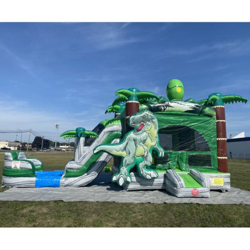 Moonwalk USA 2-Lane T-Rex Combo Bounce House Wet/Dry Front View Outside with Tarp Under