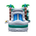 Moonwalk USA 2-Lane T-Rex Combo Bounce House Wet/Dry Side Slide View with Blower Attached in Background