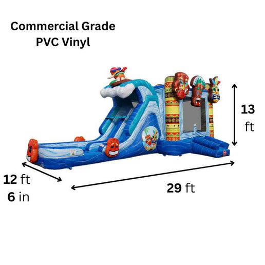 2-lane tiki combo bounce house 29x12.6x13 commercial grade 15oz vinyl tropical island theme wet dry combo