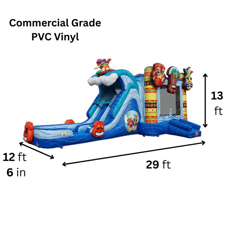 Moonwalk USA 2-Lane Tiki Combo Bounce House Wet/Dry Dimensions and Commercial Grade Vinyl Info