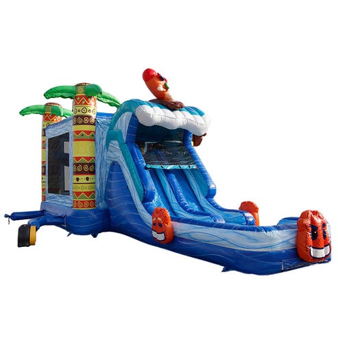 Moonwalk USA 2-Lane Tiki Combo Bounce House Wet/Dry Rear Right View with Blower Attached